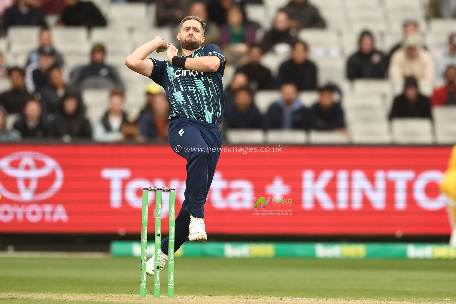 Chris Woakes of England bowls  during the Dettol ODI Series match Australia vs England at Melbourne Cricket Ground, Melbourne, Australia, 22nd November 2022

(Photo by Patrick Hoelscher/News Images)