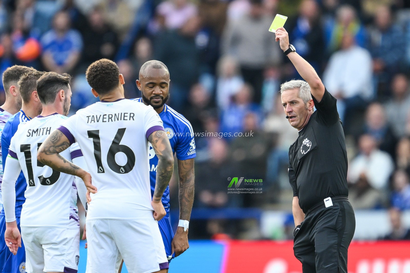 Referee Darren Bond gives a yellow card to Jordan Ayew of Leicester City during the Premier League match Leicester City vs Bournemouth at King Power Stadium, Leicester, United Kingdom, 5th October 2024

(Photo by Craig Thomas/News Images)