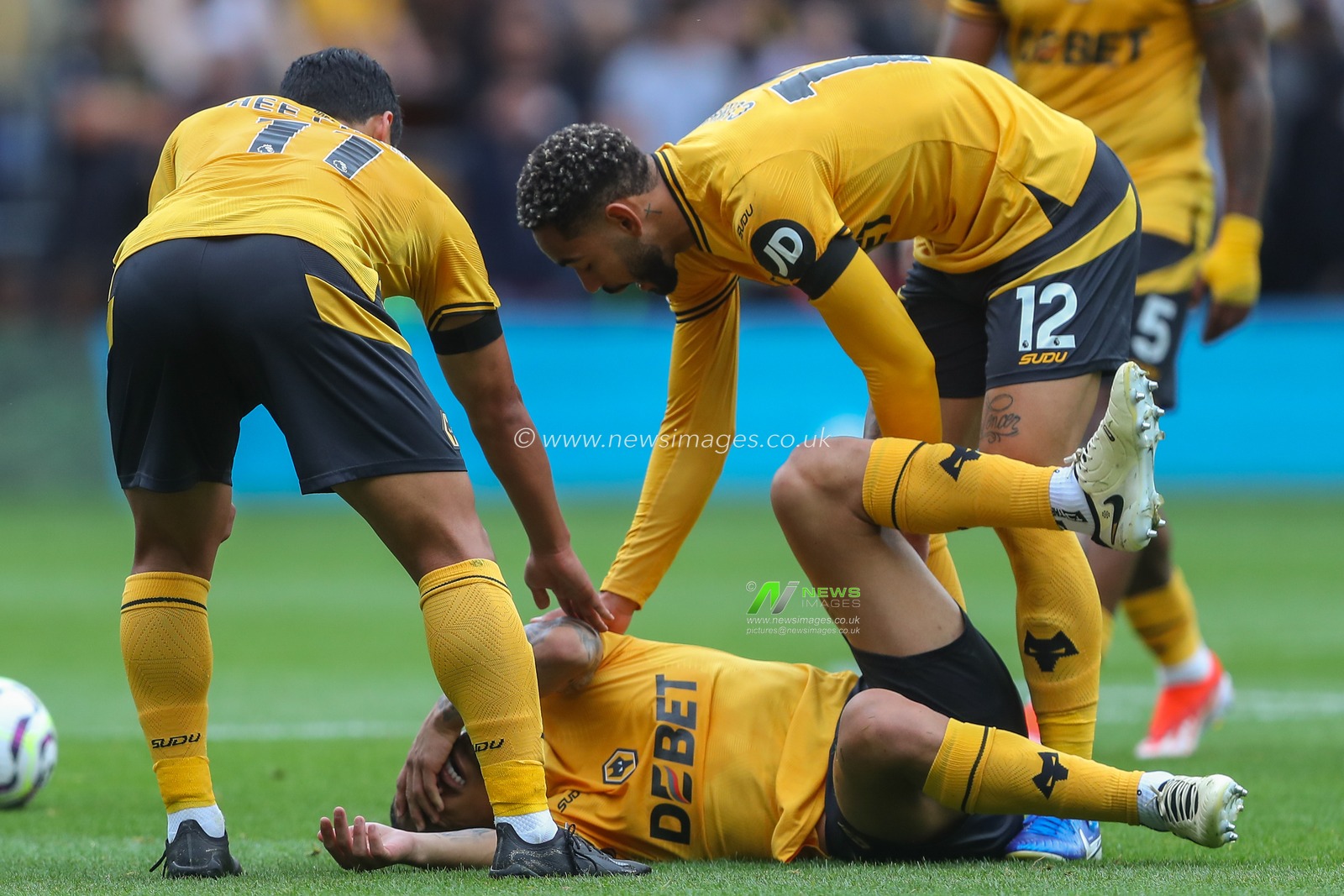 JoÃ£o Gomes of Wolverhampton Wanderers goes down with an injury during the Premier League match Wolverhampton Wanderers vs Chelsea at Molineux, Wolverhampton, United Kingdom, 25th August 2024

(Photo by Gareth Evans/News Images)