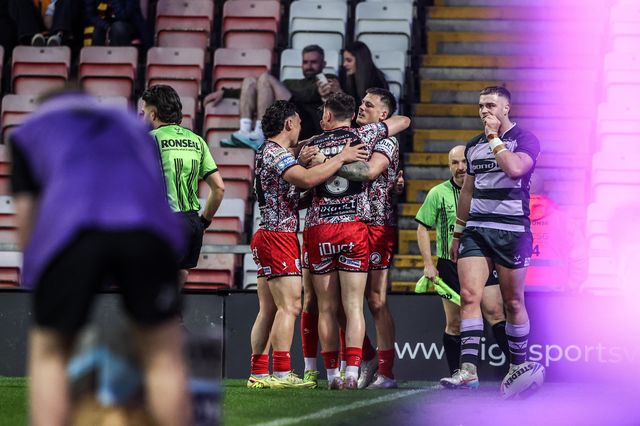 AJ Towse of Leigh Leopards celebrates his try during the Betfred Super League round 9 match Leigh Leopards vs Huddersfield Giants at Leigh Sports Village, Leigh, United Kingdom on 23 April 2026

(Photo by Alfie Cosgrove/News Images)