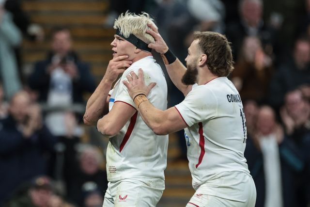 Henry Pollock of England celebrates his try during the Quilter Nations Series 2025 match England vs Australia at Allianz Stadium, Twickenham, United Kingdom, 1st November 2025

(Photo by Mark Cosgrove/News Images)

*** GER AUT SUI OUT ***