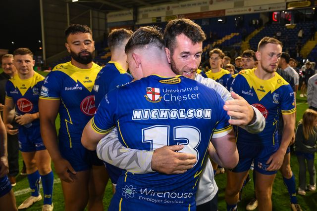 Stefan Ratchford of Warrington Wolves embraces Matty Nicholson of Warrington Wolves after the end of the Betfred Super League Round 27 match Warrington Wolves vs London Broncos at Halliwell Jones Stadium, Warrington, United Kingdom, 20th September 2024

(Photo by Craig Thomas/News Images)