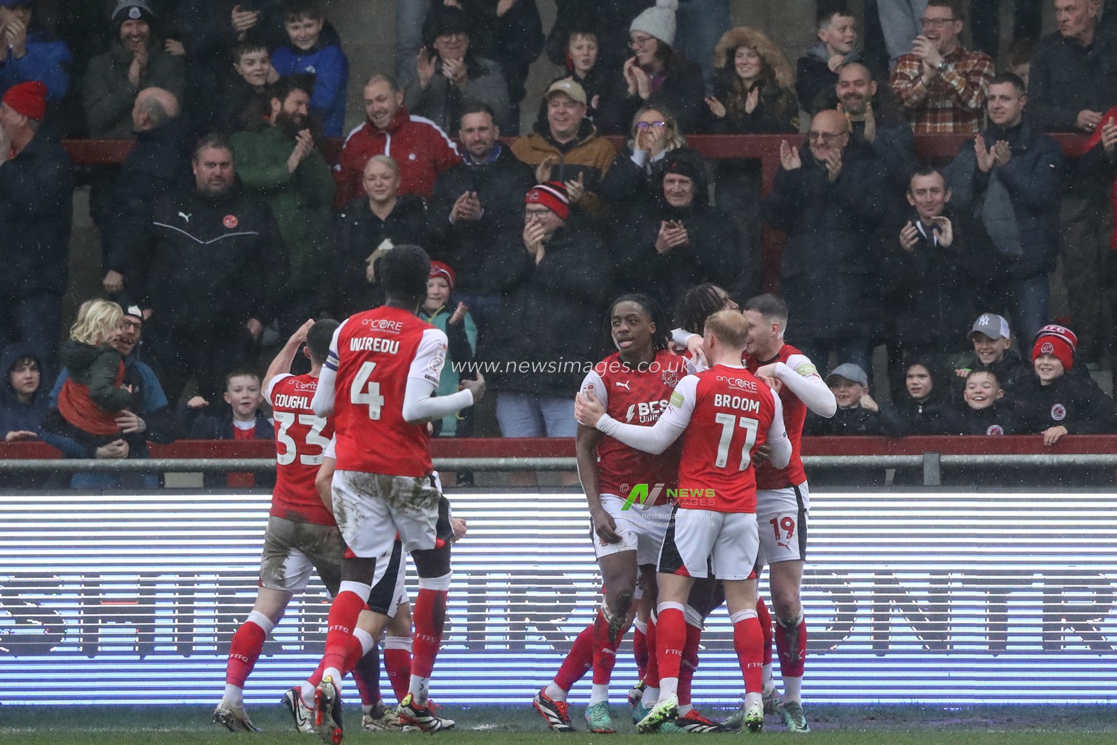 Bosun Lawal of Fleetwood Town celebrates his goal to make it 1-1 during the Sky Bet League 1 match Fleetwood Town vs Barnsley at Highbury Stadium, Fleetwood, United Kingdom, 17th February 2024

(Photo by Alfie Cosgrove/News Images)