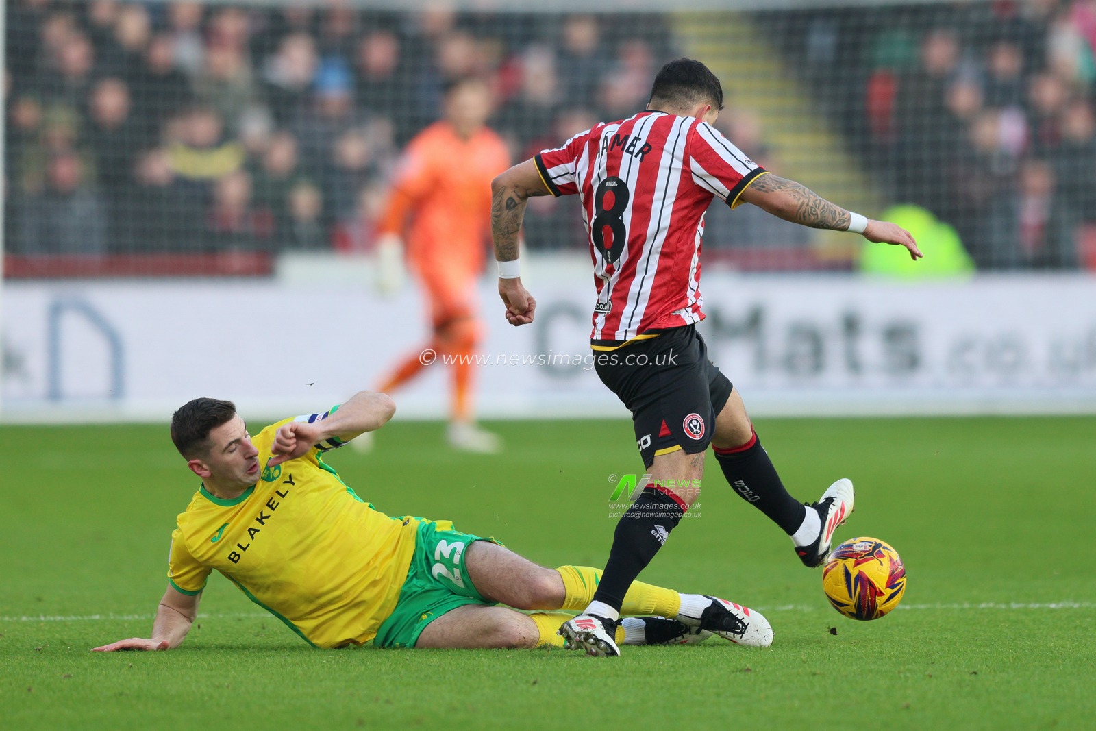 Kenny McLean of Norwich City takles Gustavo Hamer of Sheffield United during the Sky Bet Championship match Sheffield United vs Norwich City at Bramall Lane, Sheffield, United Kingdom, 18th January 2025

(Photo by Alex Roebuck/News Images)