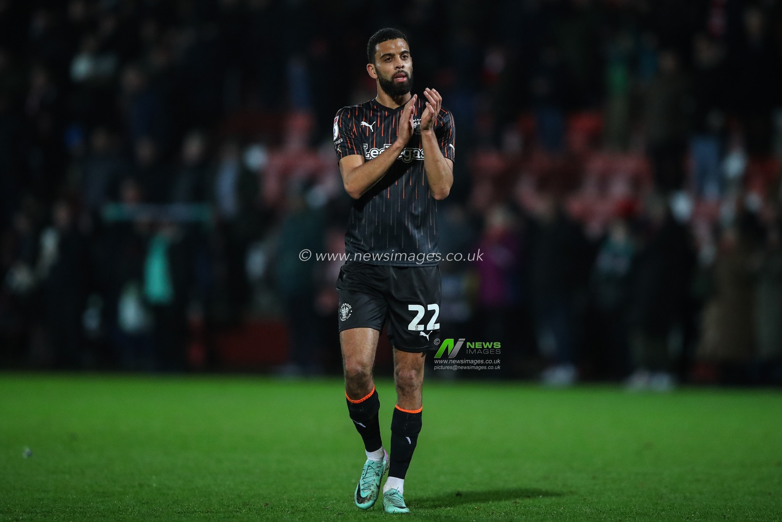 CJ Hamilton of Blackpool applauds the travelling fans after the Sky Bet League 1 match Cheltenham Town vs Blackpool at The Completely-Suzuki Stadium, Cheltenham, United Kingdom, 13th February 2024

(Photo by Gareth Evans/News Images)