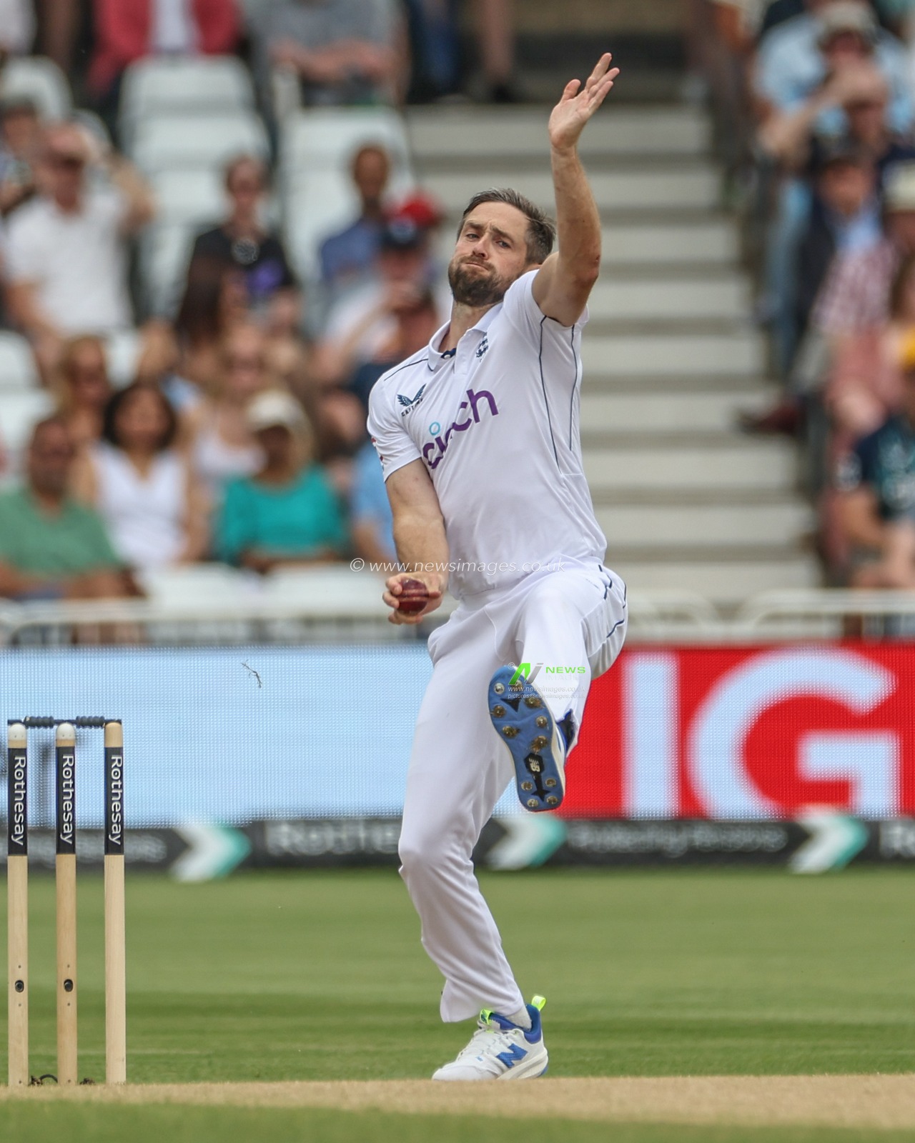 Chris Woakes of England delivers the first ball of the day during the Rothesay Test Match day three England vs West Indies at Trent Bridge, Nottingham, United Kingdom, 20th July 2024

(Photo by Mark Cosgrove/News Images)