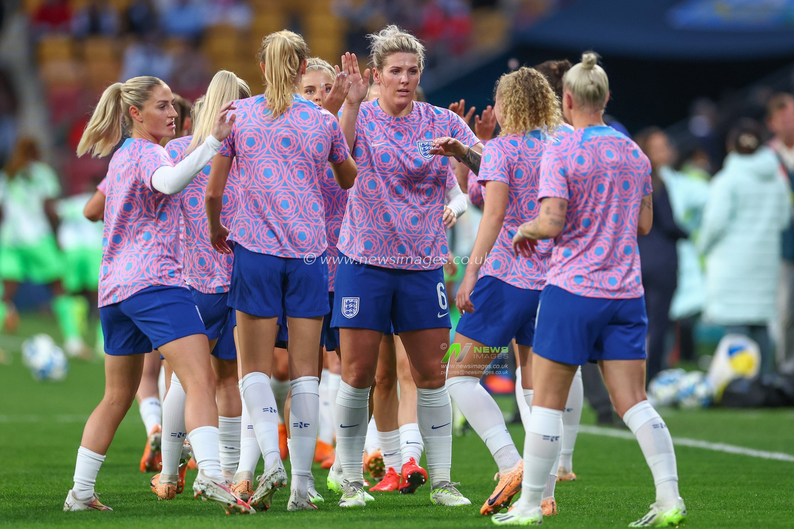 Millie Bright #6 of England high fives her teammates during the pre-game warm up ahead of the FIFA Women's World Cup 2023 match England Women vs Nigeria Women at Suncorp Stadium, Brisbane, Australia, 7th August 2023

(Photo by Patrick Hoelscher/News Images)