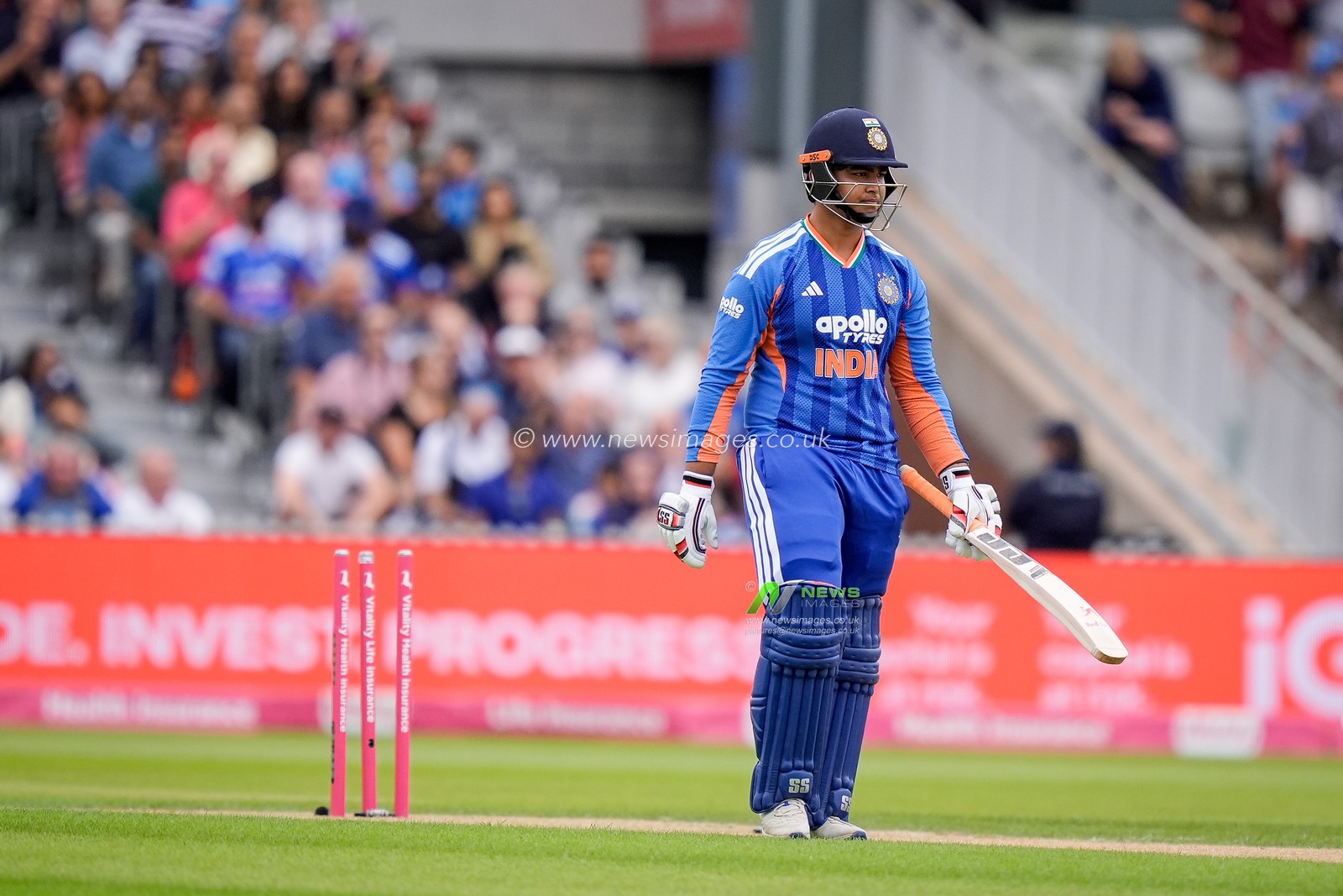 Vaibhav Sooryavanshi of India walks off with broken stumps behind him after he is stumped by Jos Buttler of England during the Second Vitality T20 International match England vs India at Old Trafford, Manchester, United Kingdom on 04 July 2026

(Photo by Maynard Manyowa/News Images)