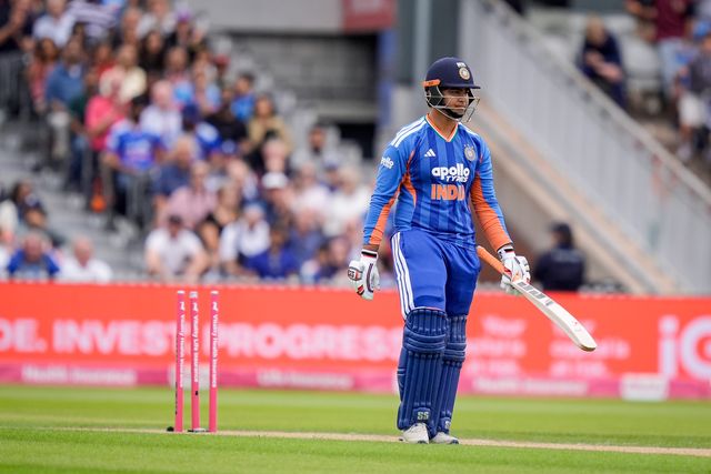 Vaibhav Sooryavanshi of India walks off with broken stumps behind him after he is stumped by Jos Buttler of England during the Second Vitality T20 International match England vs India at Old Trafford, Manchester, United Kingdom on 04 July 2026

(Photo by Maynard Manyowa/News Images)