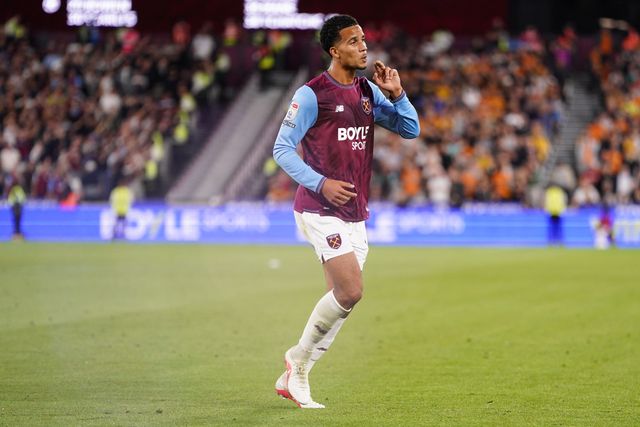 Divine Mukasa of West Ham United celebrates his second goal during the Sky Bet Championship match West Ham United vs Wolverhampton Wanderers at London Stadium, London, United Kingdom on 01 September 2026

(Photo by Harvey Murphy/News Images)