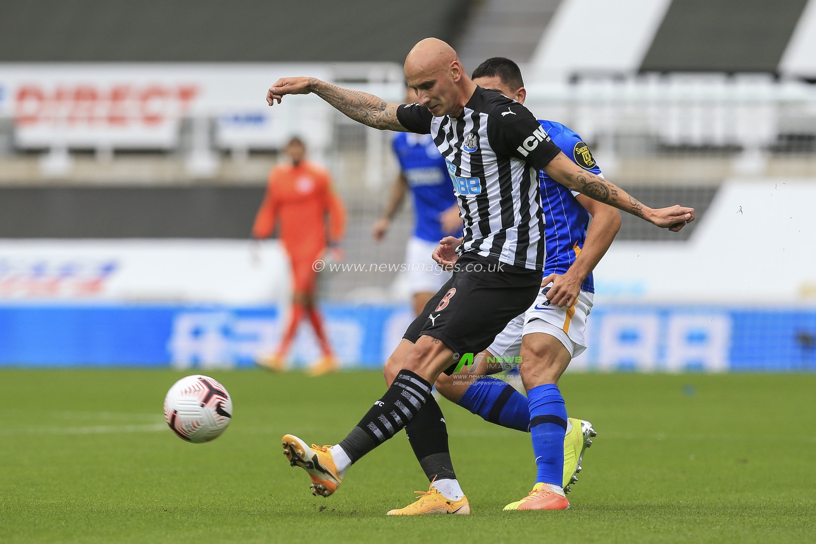 Jonjo Shelvey (8) of Newcastle United crosses the ball into the Brighton and Hove Albion penalty area