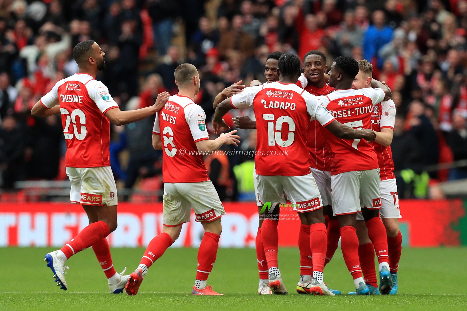 GOAL: Chiedozie Ogbene #11 of Rotherham United celebrates scoring with team mates.