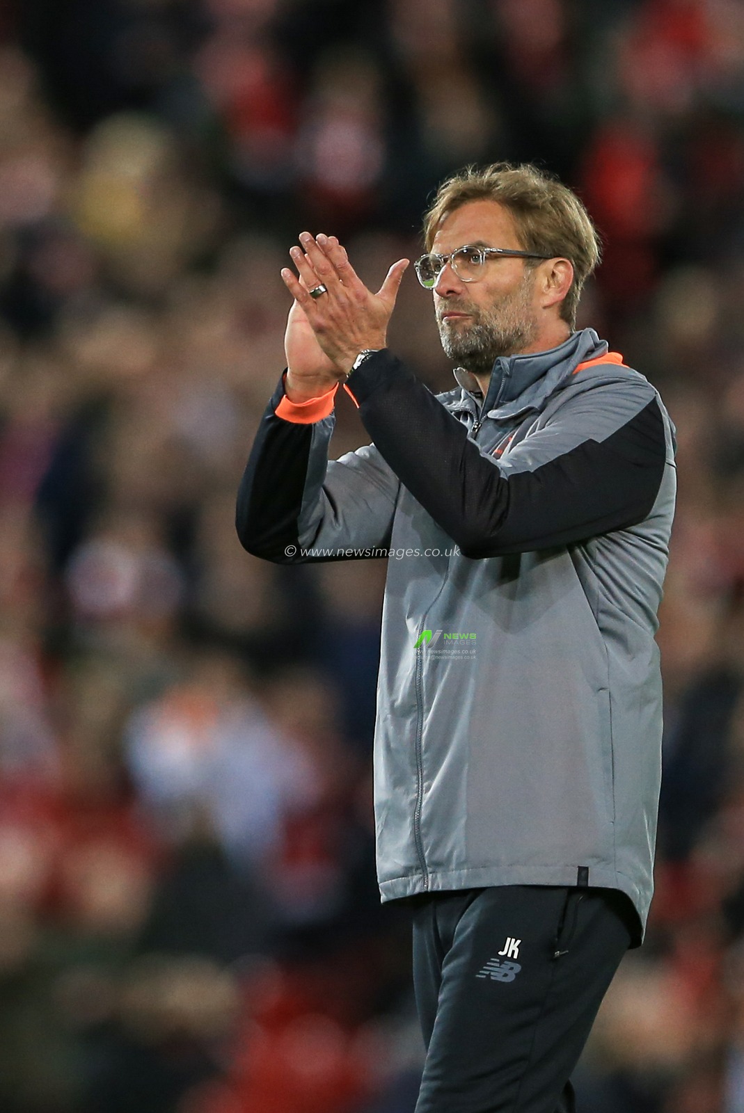 24th April 2018 , Anfield, Liverpool, England; UAFA Champions League Semi Final, first leg, Liverpool v Roma ; Jurgen Klopp manager of Liverpool applauds the fans after winning 5-2