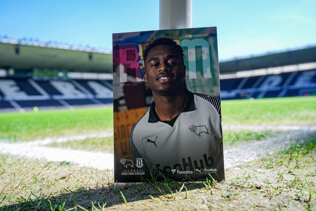 Jaydon Banel of Derby County in the match day program during the Sky Bet Championship match Derby County vs Stoke City at Pride Park Stadium, Derby, United Kingdom on 06 April 2026

(Photo by Maynard Manyowa/News Images)