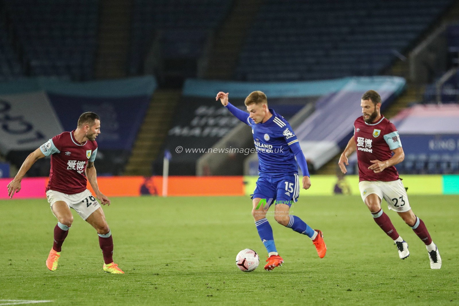 Harvey Barnes (15) of Leicester City hold the ball
