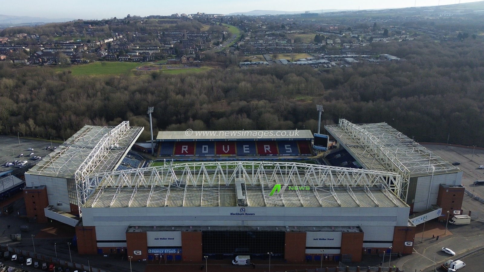 An aerial view of Ewood Park before the Sky Bet Championship match Blackburn Rovers vs Norwich City at Ewood Park, Blackburn, United Kingdom, 1st March 2025

(Photo by Jorge Horsted/News Images)