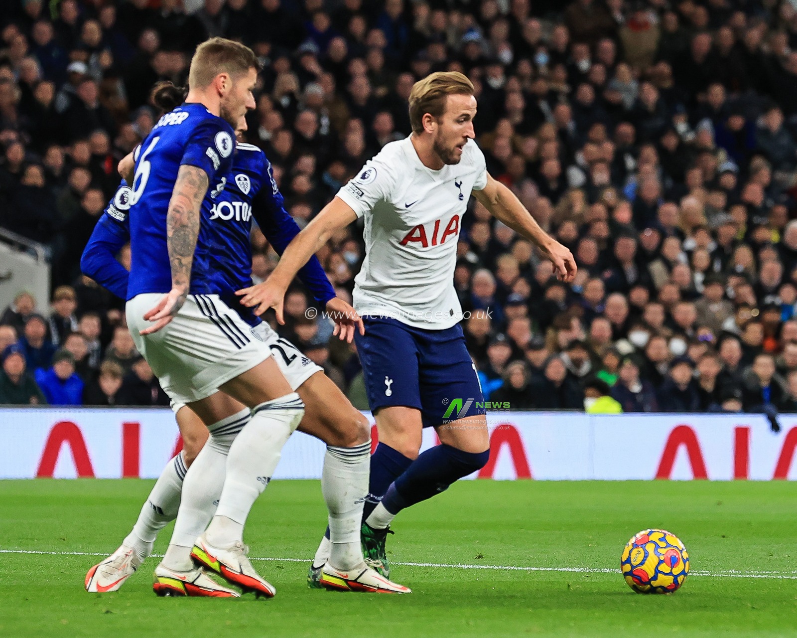 Harry Kane #10 of Tottenham Hotspur in action on the edge of the Leeds box
