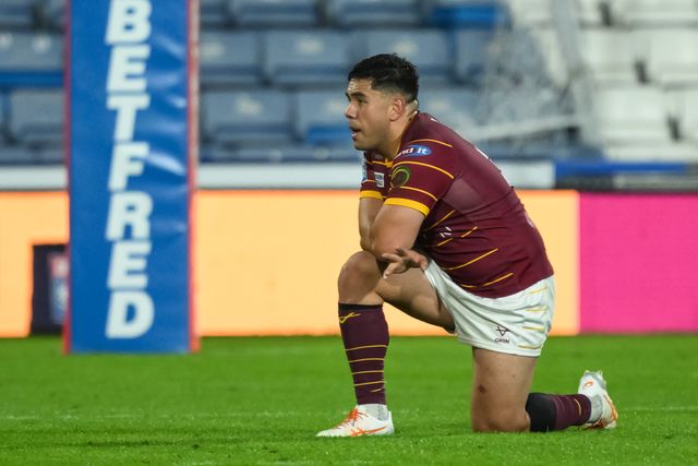 Andre Savelio of Huddersfield Giants is dejects at the end of the Betfred Super League Round 26 match Huddersfield Giants vs Warrington Wolves at John Smith's Stadium, Huddersfield, United Kingdom, 14th September 2024

(Photo by Craig Thomas/News Images)