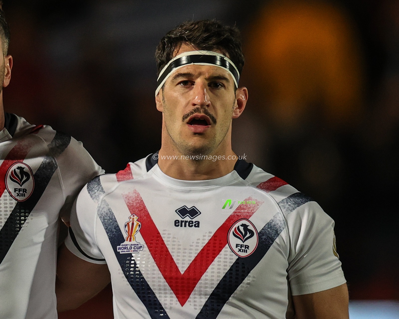 Benjamin Garcia of France sings the national anthem during the Rugby League World Cup 2021 match France vs Greece at Eco-Power Stadium, Doncaster, United Kingdom, 17th October 2022

(Photo by Mark Cosgrove/News Images)