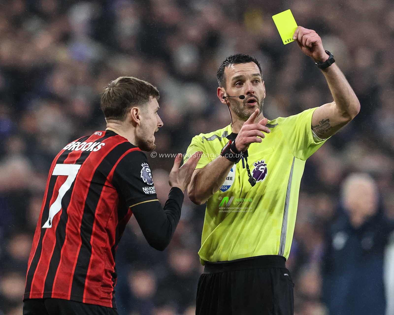 Referee Andy Madley gives a yellow card to David Brooks of Bournemouth during the Premier League match Everton vs Bournemouth at Hill Dickinson Stadium, Liverpool, United Kingdom on 10 February 2026

(Photo by Alfie Cosgrove/News Images)