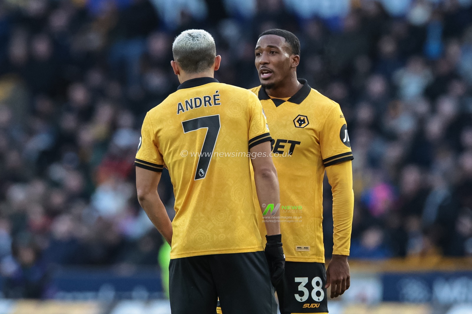 Andre of Wolverhampton Wanderers and Jackson Tchatchoua of Wolverhampton Wanderers chat during a break in play during the Premier League match Wolverhampton Wanderers vs Crystal Palace at Molineux, Wolverhampton, United Kingdom, 22nd November 2025

(Photo by Mark Cosgrove/News Images)

*** GER AUT SUI OUT ***