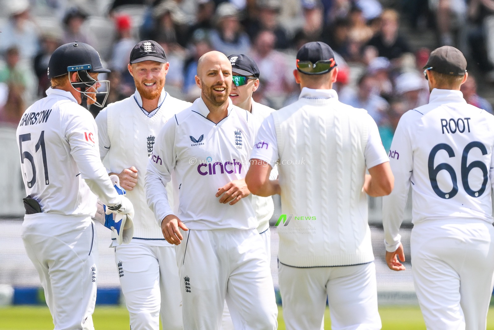 Jack Leach of England celebrates taking the wicket of Lorcan Tucker of Ireland during the LV= Insurance Test match Test Day 3 England vs Ireland at Lords, London, United Kingdom, 3rd June 2023

(Photo by Craig Thomas/News Images)