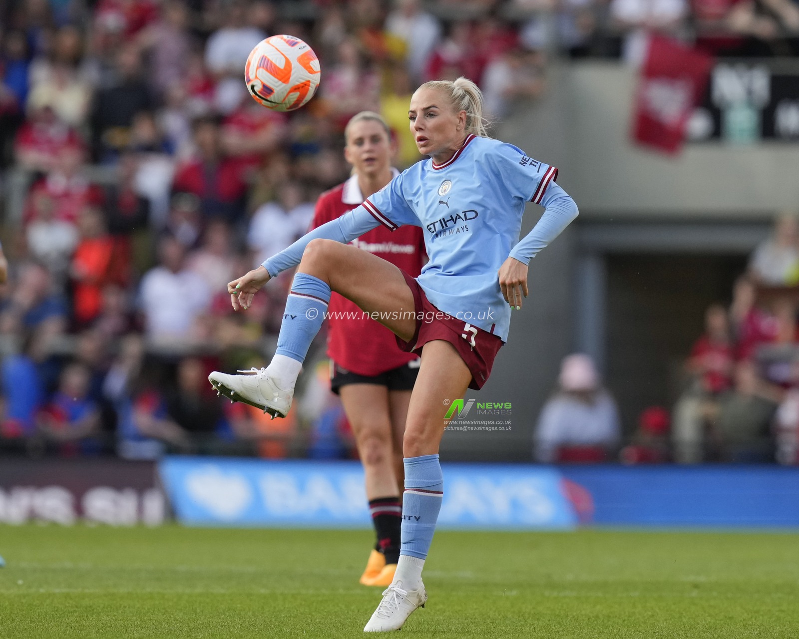 Alex Greenwood #5 of Manchester City controls the ball during the The FA Women's Super League match Manchester United Women vs Manchester City Women at Leigh Sports Village, Leigh, United Kingdom, 21st May 2023

(Photo by Steve Flynn/News Images)