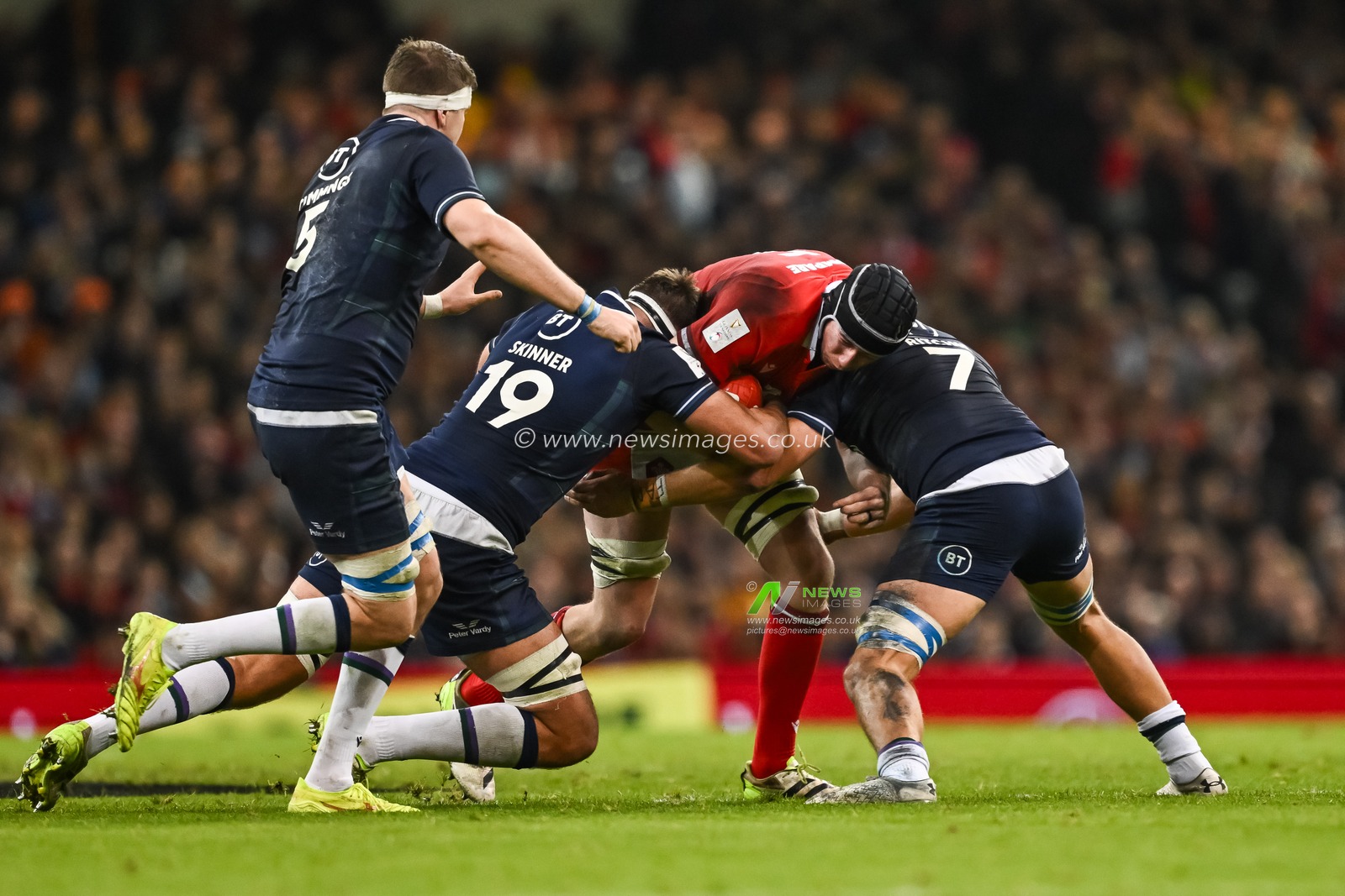 Adam Beard of Wales is tackled by Jamie Ritchie of Scotland and Sam Skinner of Scotland during the 2024 Guinness 6 Nations match Wales vs Scotland at Principality Stadium, Cardiff, United Kingdom, 3rd February 2024

(Photo by Craig Thomas/News Images)