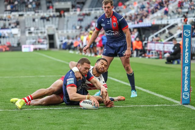 James Batchelor of Hull KR goes over for a try during the Betfred Magic Weekend 2025 match Hull KR vs Salford Red Devils at St. James's Park, Newcastle, United Kingdom, 3rd May 2025

(Photo by Mark Cosgrove/News Images)