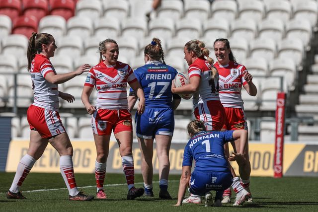 Paige Travis of St Helen’s goes over for a try during the Betfred Women's Challenge Cup Quarter Final match St Helens vs Barrow Raiders at The BrewDog Stadium, St Helens, United Kingdom on 25 April 2026

(Photo by Mark Cosgrove/News Images)