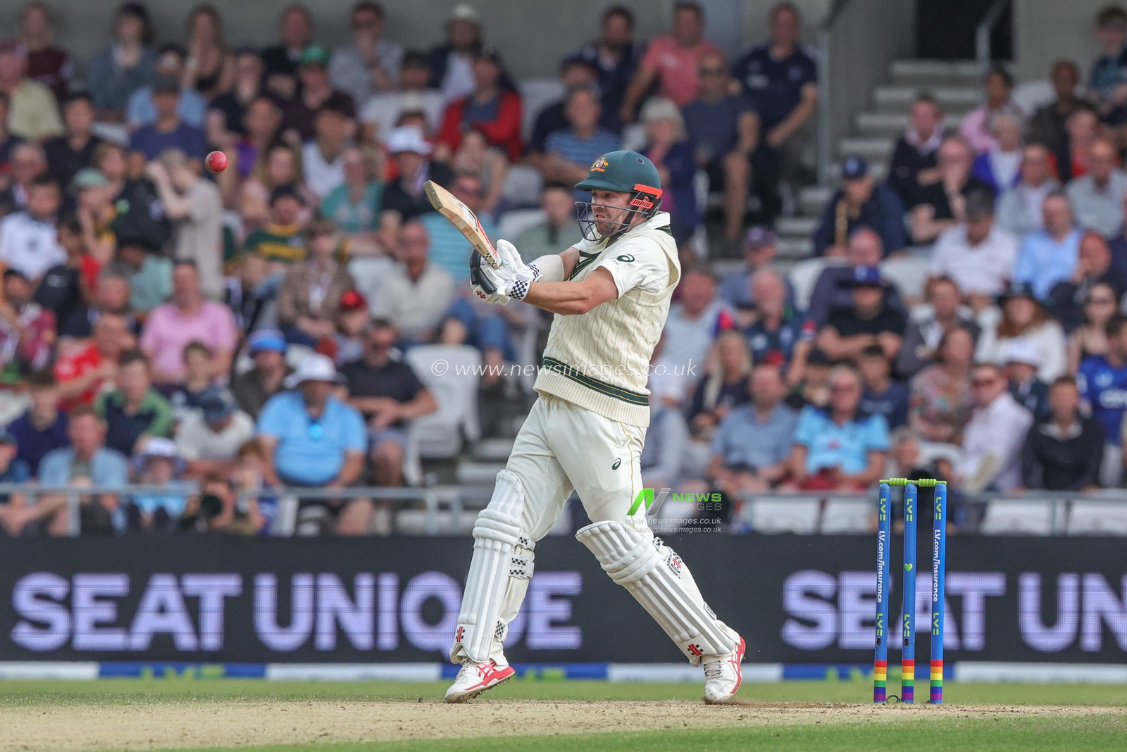 Travis Head of Australia hits a boundary for four runs during the LV= Insurance Ashes Third Test Series Day 3 England v Australia at Headingley Stadium, Leeds, United Kingdom, 8th July 2023

(Photo by Mark Cosgrove/News Images)