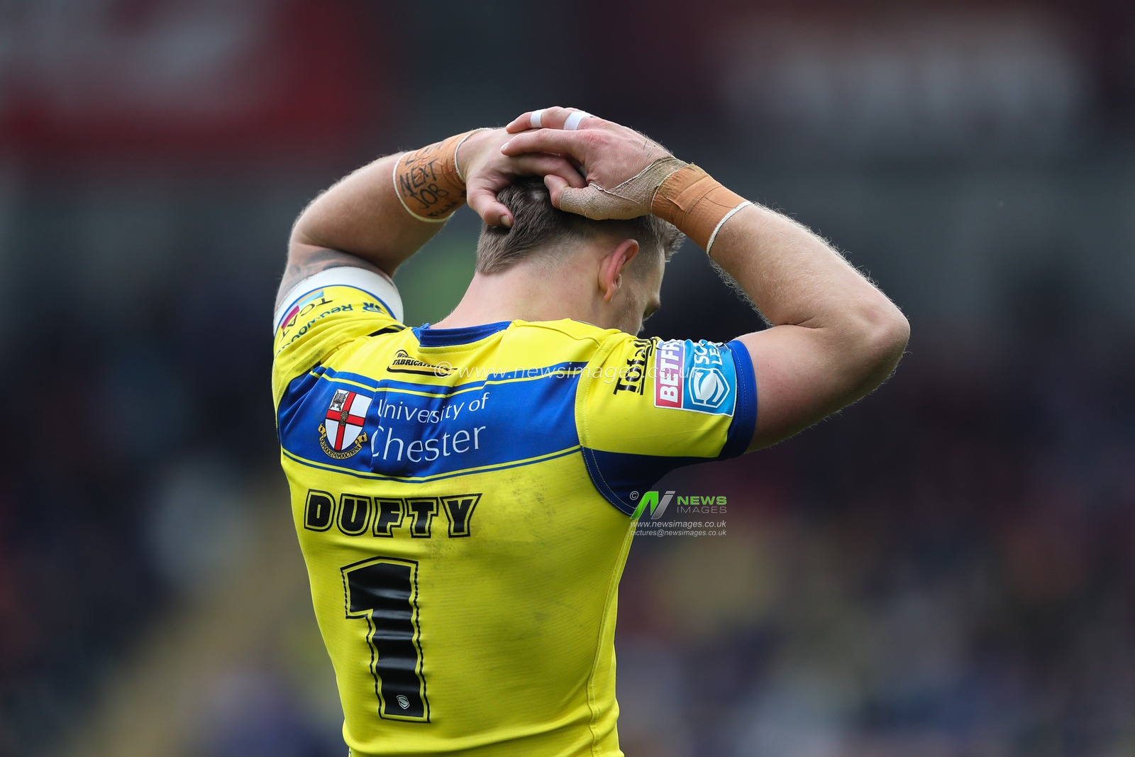 Matt Dufty of Warrington Wolves reacts during the Betfred Super League Round 8 match Leigh Leopards vs Warrington Wolves at Leigh Sports Village, Leigh, United Kingdom, 19th April 2025

(Photo by Gareth Evans/News Images)