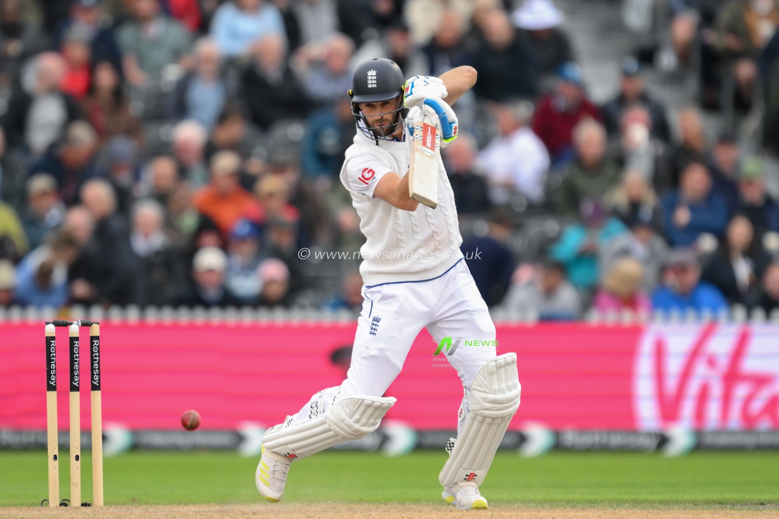Chris Woakes of England plays a shot during the England Men v Sri Lanka 1st Rothesay Test Match Day 2 at Old Trafford, Manchester, United Kingdom, 22nd August 2024

(Photo by Craig Thomas/News Images)