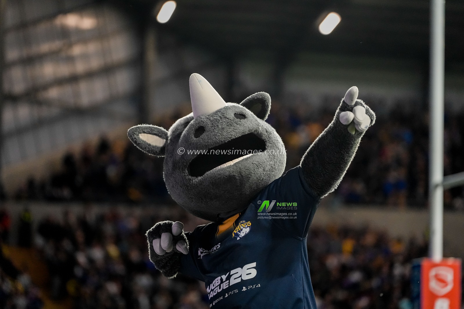 Ronnie the Rhino celebrates a try during the Betfred Super League round 9 match Leeds Rhinos vs Catalans Dragons at AMT Headingley Stadium, Leeds, United Kingdom on 24 April 2026

(Photo by Maynard Manyowa/News Images)