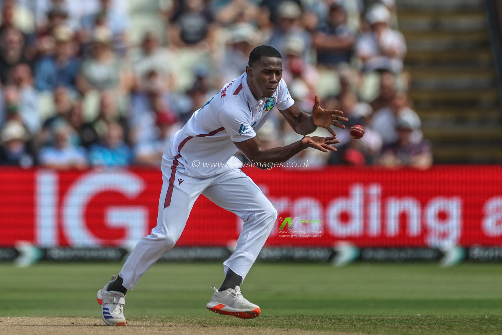 Shamar Joseph of West Indies fields his own ball off Pope during Day Two of the Rothesay Test match England vs West Indies at Edgbaston, Birmingham, United Kingdom, 27th July 2024

(Photo by Mark Cosgrove/News Images)