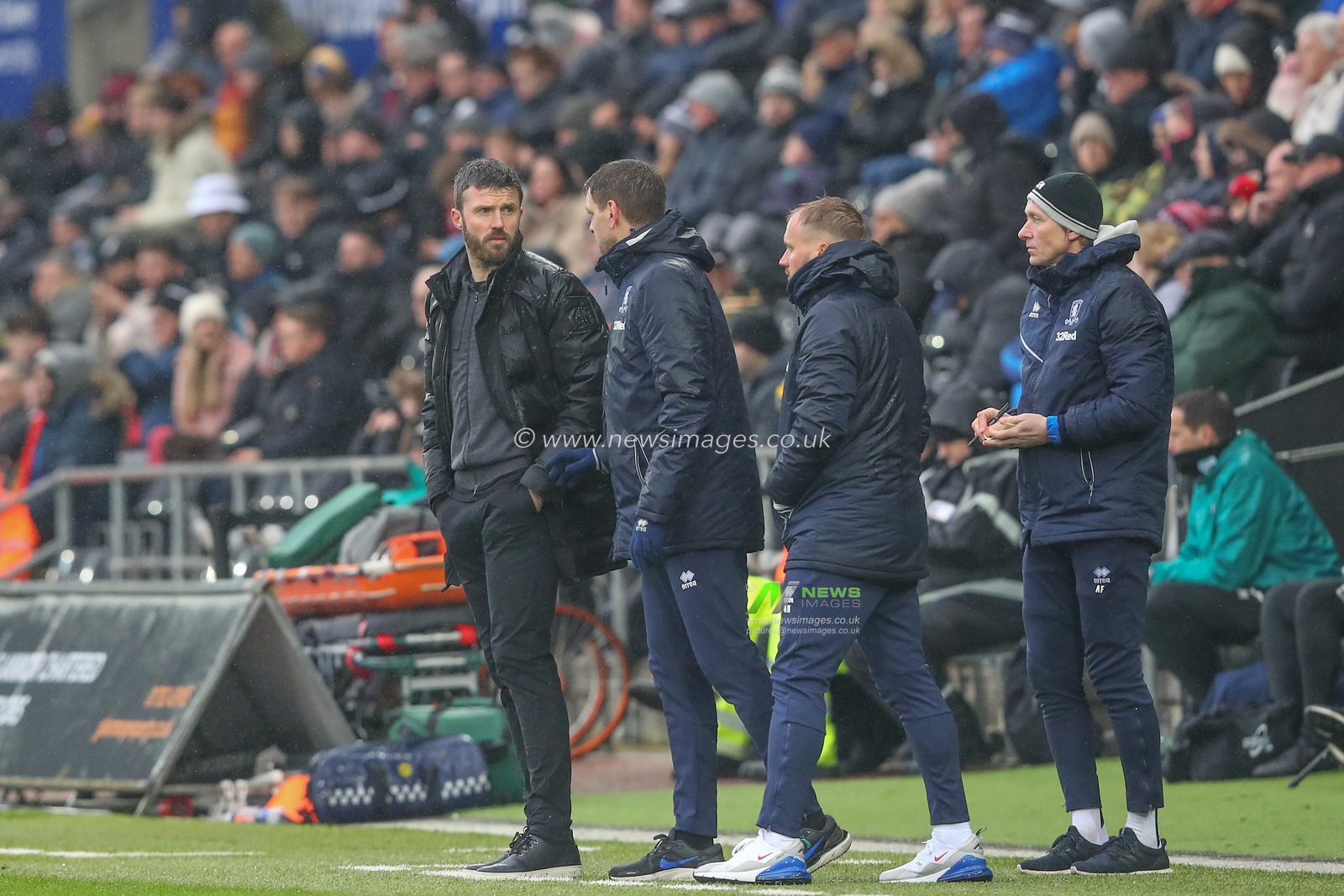 Michael Carrick Manager of Middlesbrough talks with his coaches during the Sky Bet Championship match Swansea City vs Middlesbrough at Swansea.com Stadium, Swansea, United Kingdom, 11th March 2023

(Photo by Gareth Evans/News Images)