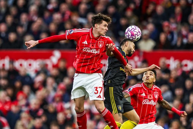 Nicolo Savona of Nottingham Forest jumps up to win the high ball during the Premier League match Nottingham Forest vs Manchester United at City Ground, Nottingham, United Kingdom, 1st November 2025

(Photo by Alfie Cosgrove/News Images)

*** GER AUT SUI OUT ***