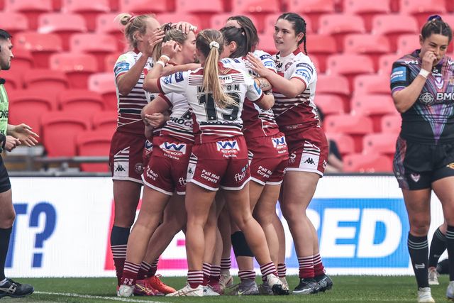 Georgia Wilson celebrates her try during the Betfred Women's Challenge Cup Final Wigan Warriors vs St Helens at Wembley Stadium, London, United Kingdom on 30 May 2026

(Photo by Alfie Cosgrove/News Images)