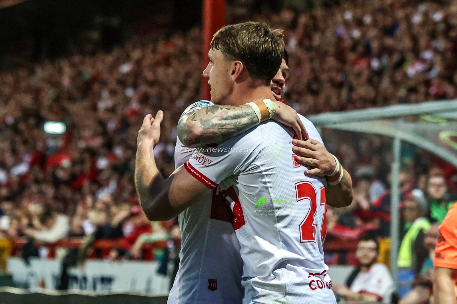Noah Booth of Hull KR celebrates his try during the Betfred Super League round 12 match Hull KR vs Wigan Warriors at Sewell Group Craven Park, Hull, United Kingdom on 21 May 2026

(Photo by Alfie Cosgrove/News Images)