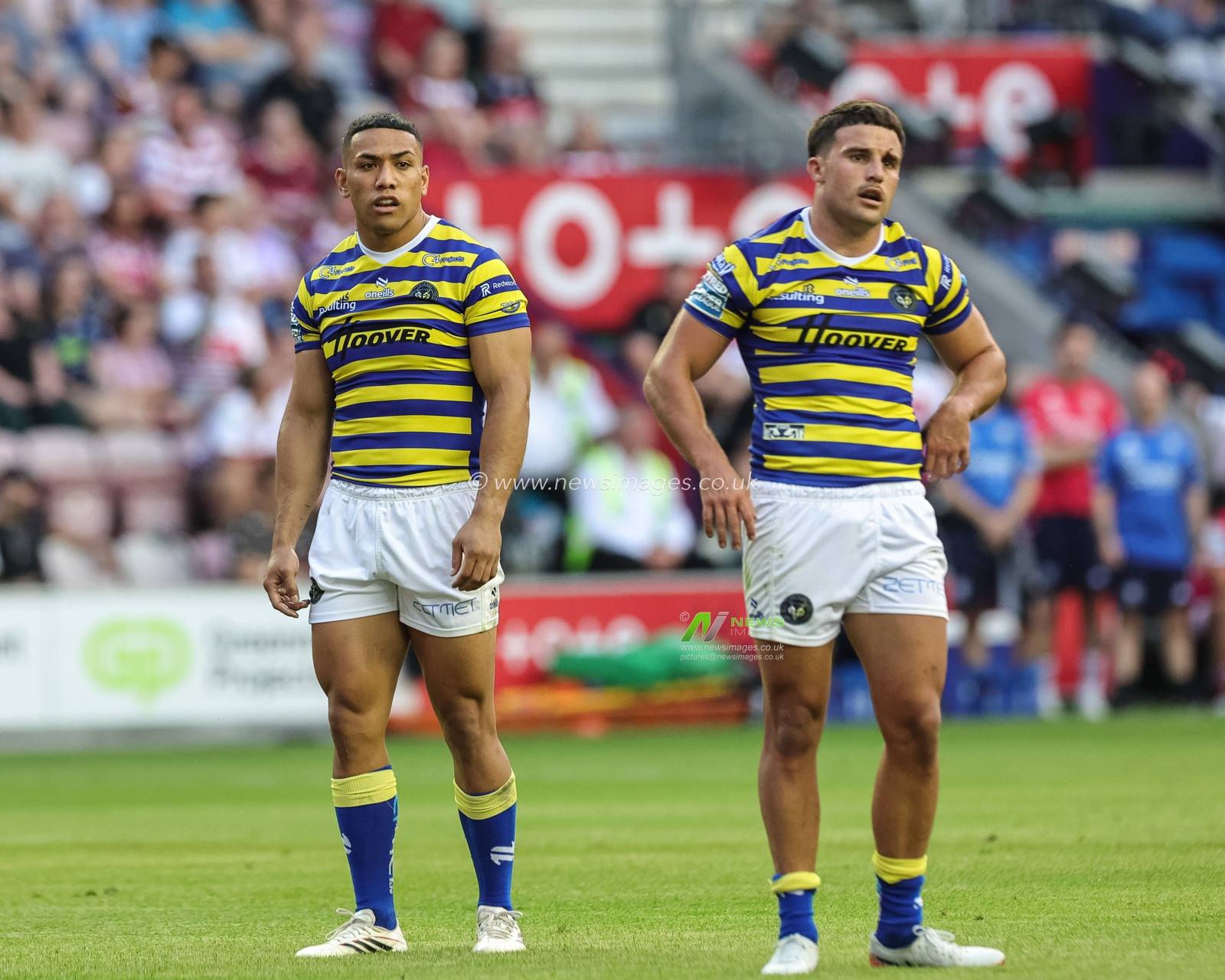 Albert Hopoate of Warrington Wolves and Josh Smith of Warrington Wolves during the Betfred Super League round 18 match Wigan Warriors vs Warrington Wolves at The Brick Community Stadium, Wigan, United Kingdom on 10 July 2026

(Photo by Mark Cosgrove/News Images)
