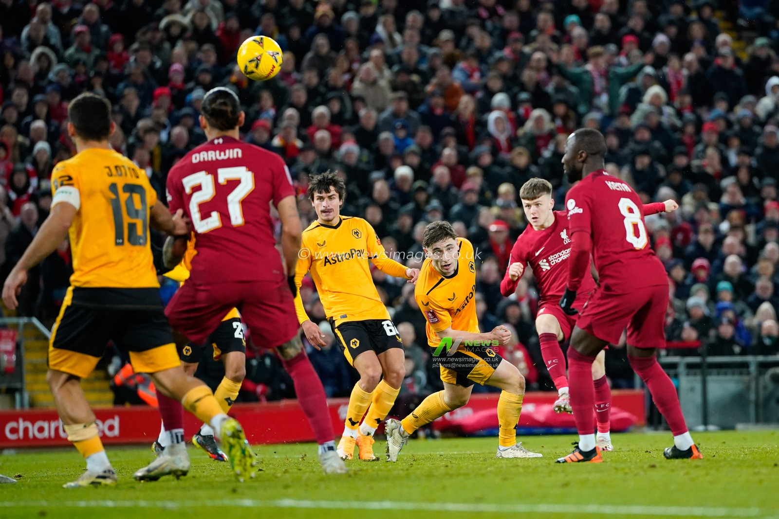 Ben Doak #50 of Liverpool watches his curling shot during the Emirates FA Cup Third Round match Liverpool vs Wolverhampton Wanderers at Anfield, Liverpool, United Kingdom, 7th January 2023

(Photo by Steve Flynn/News Images)