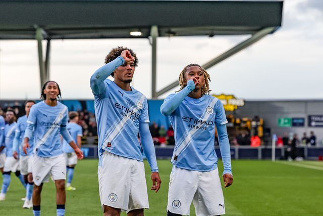 Floyd Samba of Manchester City U18's celebrates his goal to make it 1-0 during the FA Youth Cup Final match Manchester City U18 vs Manchester United U18 at Joie Stadium, Manchester, United Kingdom on 14 May 2026

(Photo by Mark Cosgrove/News Images)