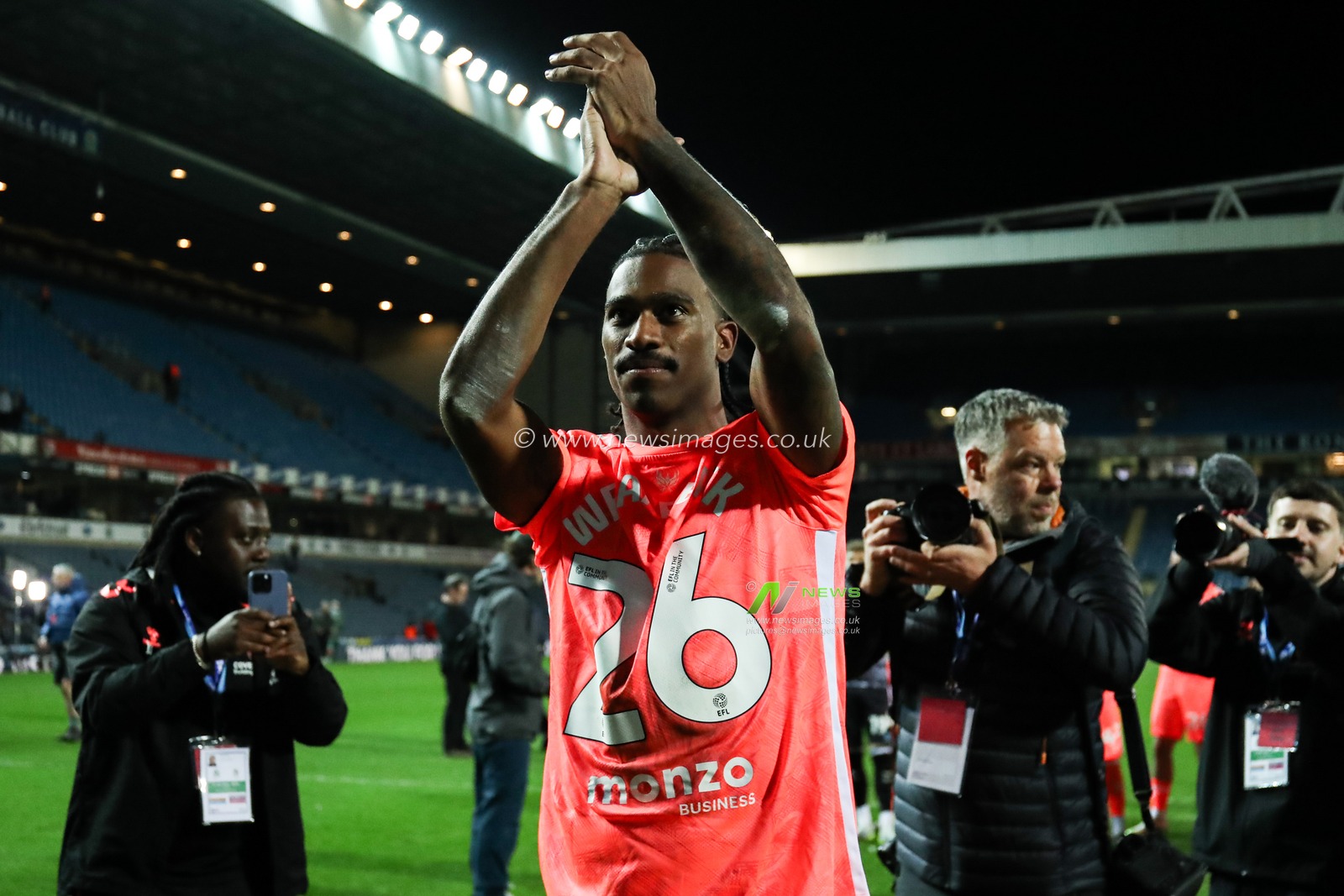 Haji Wright of Coventry City celebrates promotion back to the Premier League after the Sky Bet Championship match Blackburn Rovers vs Coventry City at Ewood Park, Blackburn, United Kingdom on 17 April 2026

(Photo by Jorge Horsted/News Images)