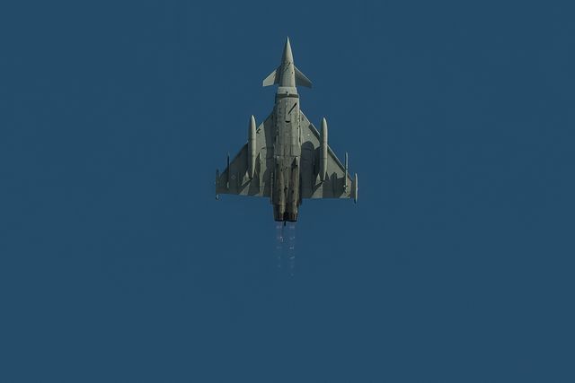 A RAF Eurofighter Typhoon FGR Mk4 practices a vertical takeoff with full afterburners on during a flight training day at RAF Coningsby, Coningsby, United Kingdom, 22nd September 2025

(Photo by Mark Cosgrove/News Images)