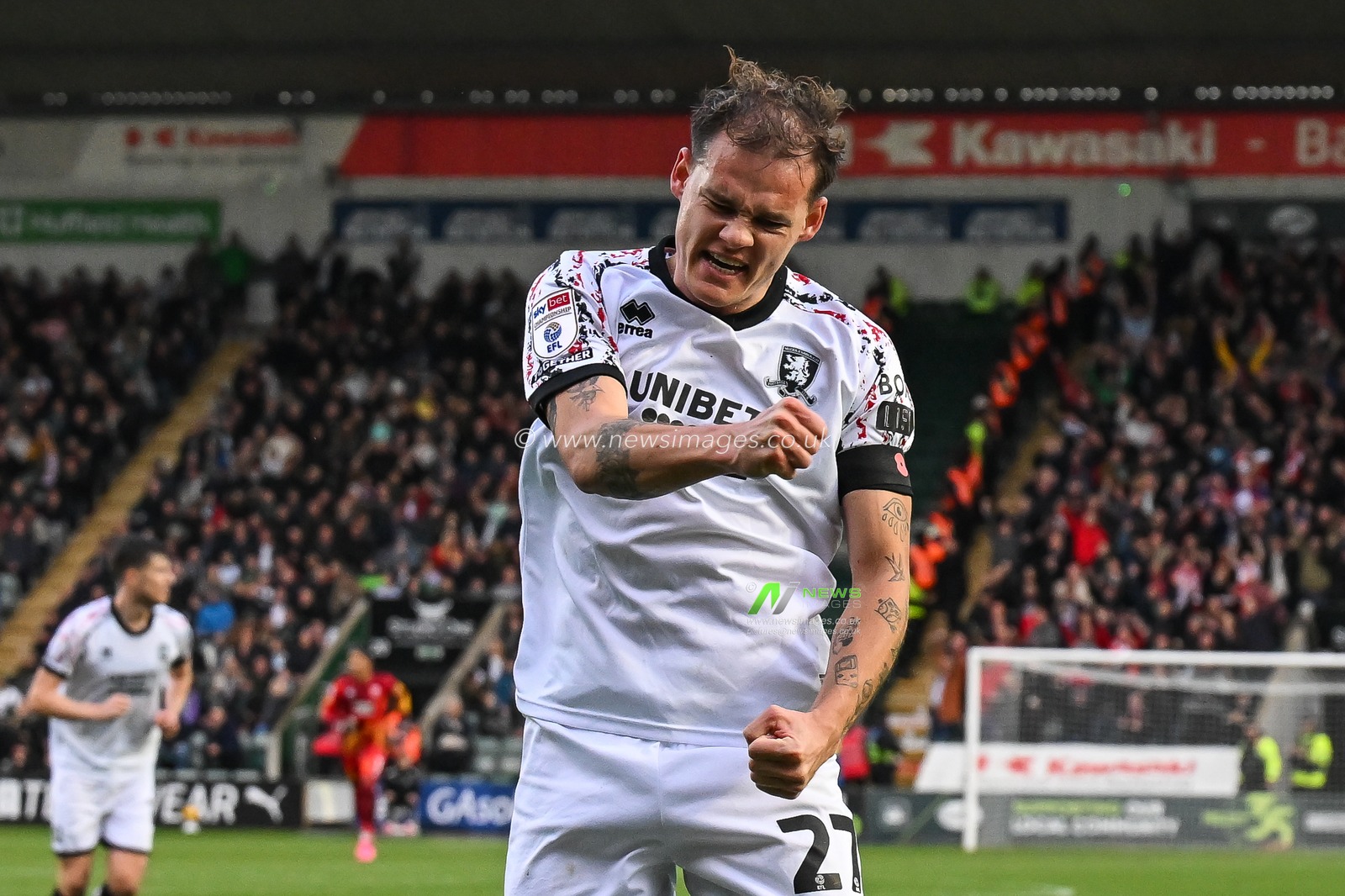 Lukas Engel #27 of Middlesbrough celebrates his goal to make it 0-1 during the Sky Bet Championship match Plymouth Argyle vs Middlesbrough at Home Park, Plymouth, United Kingdom, 4th November 2023

(Photo by Craig Thomas/News Images)