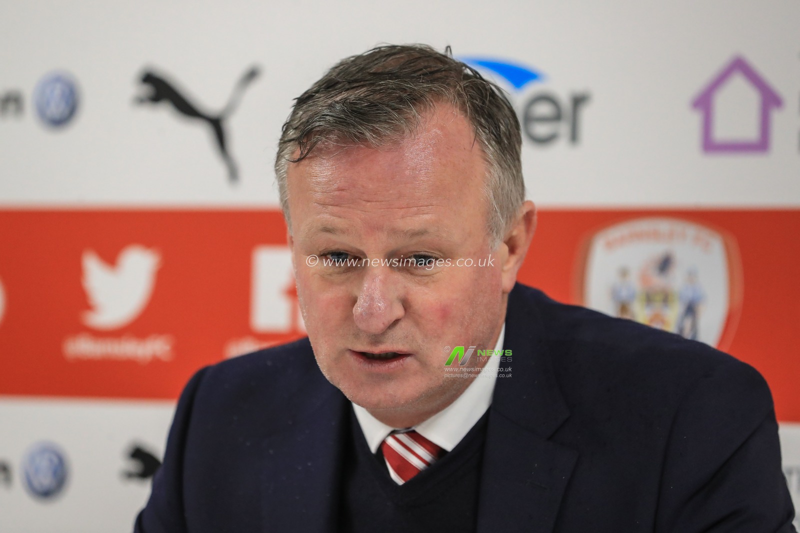 9th November 2019, Oakwell, Barnsley, England; Sky Bet Championship, Barnsley v Stoke City : Michael O'Neill manager of Stoke City speaks to the press as Stoke beat Barnsley 2-4 in his first game in charge for the club

Credit: Mark Cosgrove/News Images