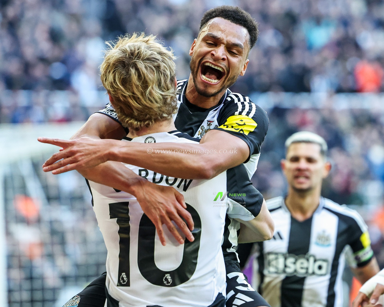 Jacob Murphy of Newcastle United celebrates his goal with Anthony Gordon to make it 1-0 during the Premier League match Newcastle United vs Fulham at St. James's Park, Newcastle, United Kingdom, 1st February 2025

(Photo by Mark Cosgrove/News Images)