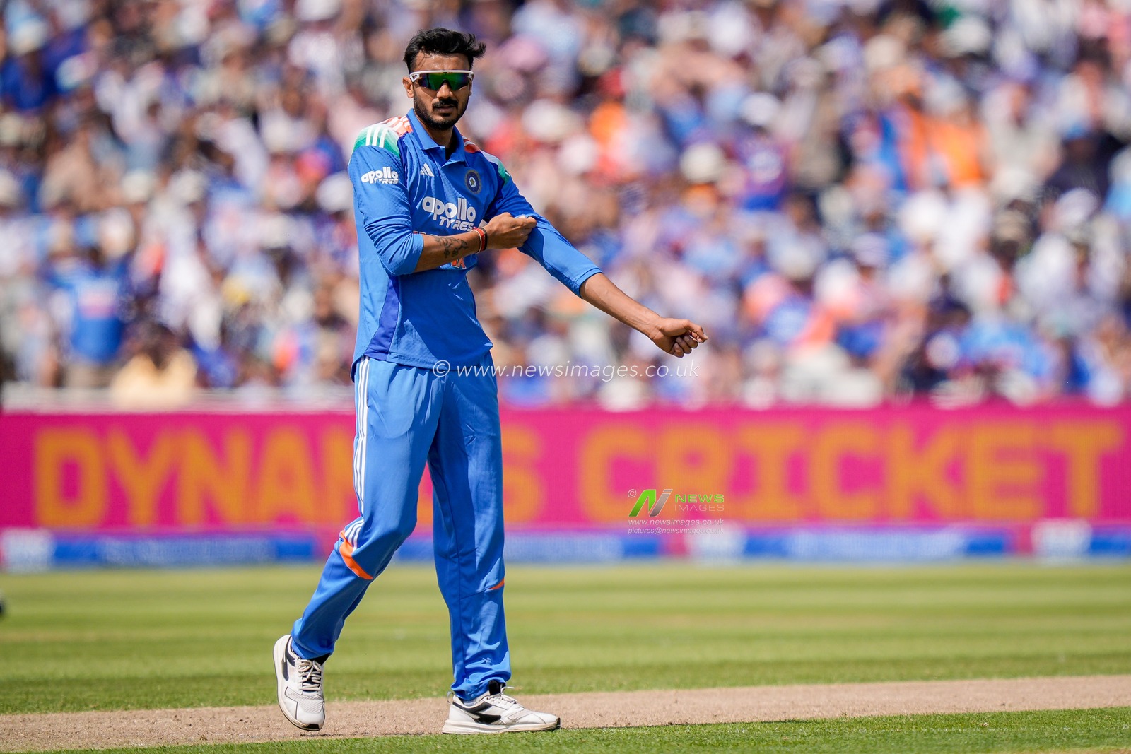 Axar Patel of India celebrates the wicket of Liam Dawson of England caught at the boundary during the 1st Metro Bank ODI match England vs India at Edgbaston, Birmingham, United Kingdom on 14 July 2026

(Photo by Maynard Manyowa/News Images)