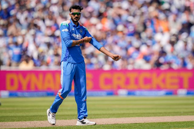 Axar Patel of India celebrates the wicket of Liam Dawson of England caught at the boundary during the 1st Metro Bank ODI match England vs India at Edgbaston, Birmingham, United Kingdom on 14 July 2026

(Photo by Maynard Manyowa/News Images)