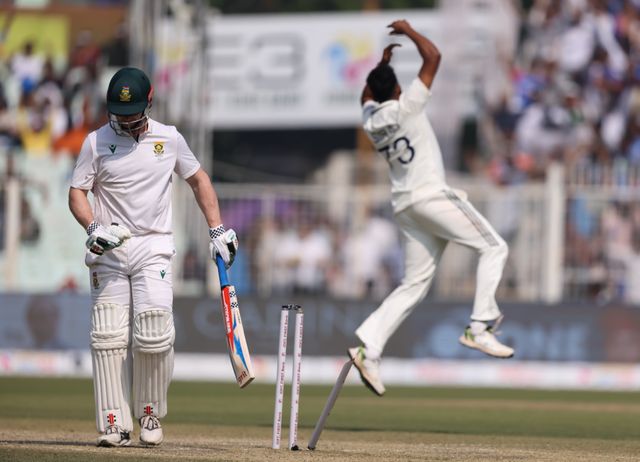Mohammed Siraj of India took wicket of Simon Harmer of South Africa and leep's off and celebrates during the IDFC First Bank Test Day 3 match India vs South Africa at Eden Gardens, Kolkata, India, 16th November 2025

(Photo by Shubhajit Roy Karmakar/News Images)